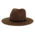 Detailed close-up of brown straw fedora hat with black belt and metal buckle decoration. - 58cm / Coffee