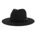 Black straw fedora hat for women, elegant sun protection beach hat with chic metal buckle detail. - 58cm / Black