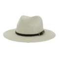 Close-up detail of the black belt strap and gold metal buckle on the straw fedora hat. - 58cm / Cream White