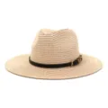 Detailed close-up view of women straw fedora hat featuring black leather belt and metal buckle. - 58cm / Pink