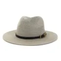 Grey straw fedora hat for women, summer beach sun protection hat with black leather belt detail. - 58cm / Gray