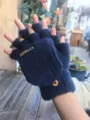 Gants hiver homme chauds imitation cachemire demi-doigts rabattables tricot bleu - Taille unique / Bleu marine