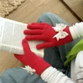 Gants d'hiver chauds en tricot pour femme nœud rouge écran tactile doublure polaire - Rouge
