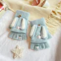 Cute rabbit ear half-finger convertible knit warm gloves for women winter student wear. - One Size / Green