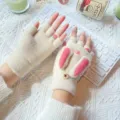 Cute women's half-finger flip gloves, warm plush knit mittens with pink rabbit ears. - One Size / Beige
