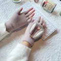 Women winter fingerless flip cover warm gloves cute rabbit ears knitted plush mittens. - One Size / Khaki