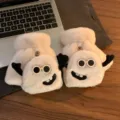 Cute fluffy half-finger winter gloves with funny monster eyes and teeth, thick warm flip design. - Beige