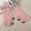 Gants tactiles mignons en polaire corail en peluche pour femmes, mitaines chaudes d'hiver en tricot. - Taille unique / Rose Clair
