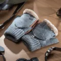 Gants homme hiver chaud tricot mi-doigts epais peluche convertible thermique doux - Rabattable Gris clair