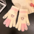 Cute bear embroidery knit winter gloves, beige and pink touchscreen warm thermal mittens. - One Size / Pink Full-Finger Gloves