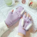Women winter warm half finger convertible plush rabbit ear gloves cute student mittens - One Size / Purple