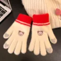 Cute bear embroidery knit gloves winter warm touch screen five finger woolen gloves women - One Size / Red Full-Finger Gloves