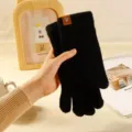 Schwarze Winter Strick Touchscreen Handschuhe für Damen, warme einfarbige lange Strickware. - Schwarz