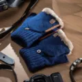 Gants d hiver tricotés pour homme bleu foncé demi-doigts doublé peluche chaud mitaines - Rabat Bleu