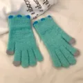 Mint green fluffy fleece knit touchscreen gloves, thick warm winter gloves for women. - One Size / Dark Blue