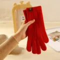 Damen Winter warme rote Strickhandschuhe lange Touchscreen Woll einfarbig süße Handschuhe - Rot