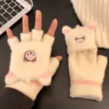 Cute bear embroidery knit gloves winter warm touch screen flip half finger mittens for women - One Size / Pink Half-Finger Flip Top Gloves