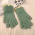 Green coral fleece knit touchscreen gloves with cute yellow spikes for women autumn winter warm. - One Size / Dark Green