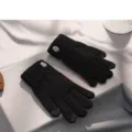 Men winter warm knit gloves thick fleece lined black full finger cold weather driving gloves - Non-Flip Black
