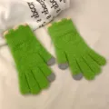 Green fuzzy knit gloves with touch screen fingertips and cute claw designs for women winter warmth. - One Size / Grass Green