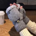 Men winter warm wool knit half finger convertible gloves grey fleece lined flip top - Light Grey Thickened Fleece-Lined Flip Top Gloves