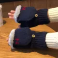 Men winter warm half finger knitted gloves thick fleece lined convertible mittens stylish blue - Navy Blue Thickened Fleece-Lined Flip Top Gloves