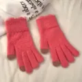 Women winter warm coral fleece knit touch screen gloves, thick thermal pink mittens. - One Size / Rose Pink