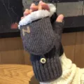 Men winter thermal knit fingerless gloves fleece lined grey convertible half finger mittens - Dark Grey Thickened Fleece-Lined Flip Top Gloves