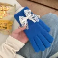 Gants en tricot bleu femme hiver mignon nœud de dentelle chaud cinq doigts gants thermiques - Bleu foncé