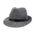 Grey sequin fedora hat detail view showing glitter weave texture and black leather belt buckle. - Gray