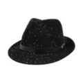 Black sequin fedora hat with faux leather belt and metal buckle for beach party and sun protection. - Black