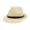 Straw fedora hat with black belt buckle for summer beach party vacation sun protection. - Beige