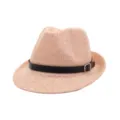 Detail view of a stylish pink straw fedora hat with black leather belt and metal buckle. - Pink