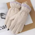 Women winter warm fleece lined thick gloves embroidered chic vintage touch screen snow mittens outdoor - Beige