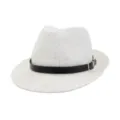 White sequin fedora hat detail, black leather belt, silver buckle, summer party beach accessory. - White