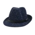 Detailed view of a navy blue sequin fedora straw hat with black belt and metal buckle. - Navy Blue