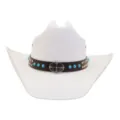 Primer plano del sombrero de vaquero blanco con correa de cuero marrón y hebilla plateada. - M (56-58cm) / Blanco