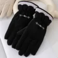 Thermal fleece lined winter gloves for women, classic black with elegant embroidery and cuffs. - Black