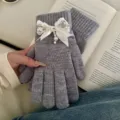 Women winter warm knit gloves cute grey bow pearl thick winter cold proof women fashion style - Gray