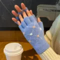 Gants tricotés sans doigts pour femmes hiver chaud demi-doigts pour écrire étudiant - Sept étoiles 3D bleu ciel