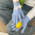 Light blue knit winter gloves with bow and pearl, touchscreen five-finger warm gloves. - Light Blue