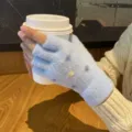 Gants tricotés sans doigts pour femmes, variante de couleur bleu clair pour hiver. - Design 7 étoiles 3D - bleu clair