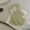Women Sage Green Knitted Gloves with Bow Pearl Detail Winter Warm Thermal Five Finger - Light Green