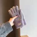 Women winter knitted plush gloves warm thermal touch screen thick purple fleece lined gloves. - One Size / Purple