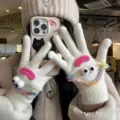 Gants en tricot à yeux globuleux mignons et drôles mitaines chaudes d'hiver pour femmes - Blanc Crème