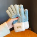 Gants tricotés hiver pour femme poignet peluche chaud écran tactile couleur bleue - Taille unique / Double couche bleue pour femme