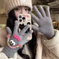Cute funny knit gloves for women winter warm touchscreen cozy grey novel design for daily wear - Light Gray