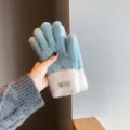 Korean style knitted winter gloves warm thick fleece lined color block touch screen gloves - One Size / Blue