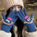 Cute quirky knitted gloves for women winter warm touch screen cartoon blue gloves - Dark Blue