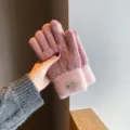 Women winter thick warm knitted gloves fleece lined touchscreen color block touch screen mittens - One Size / Pink